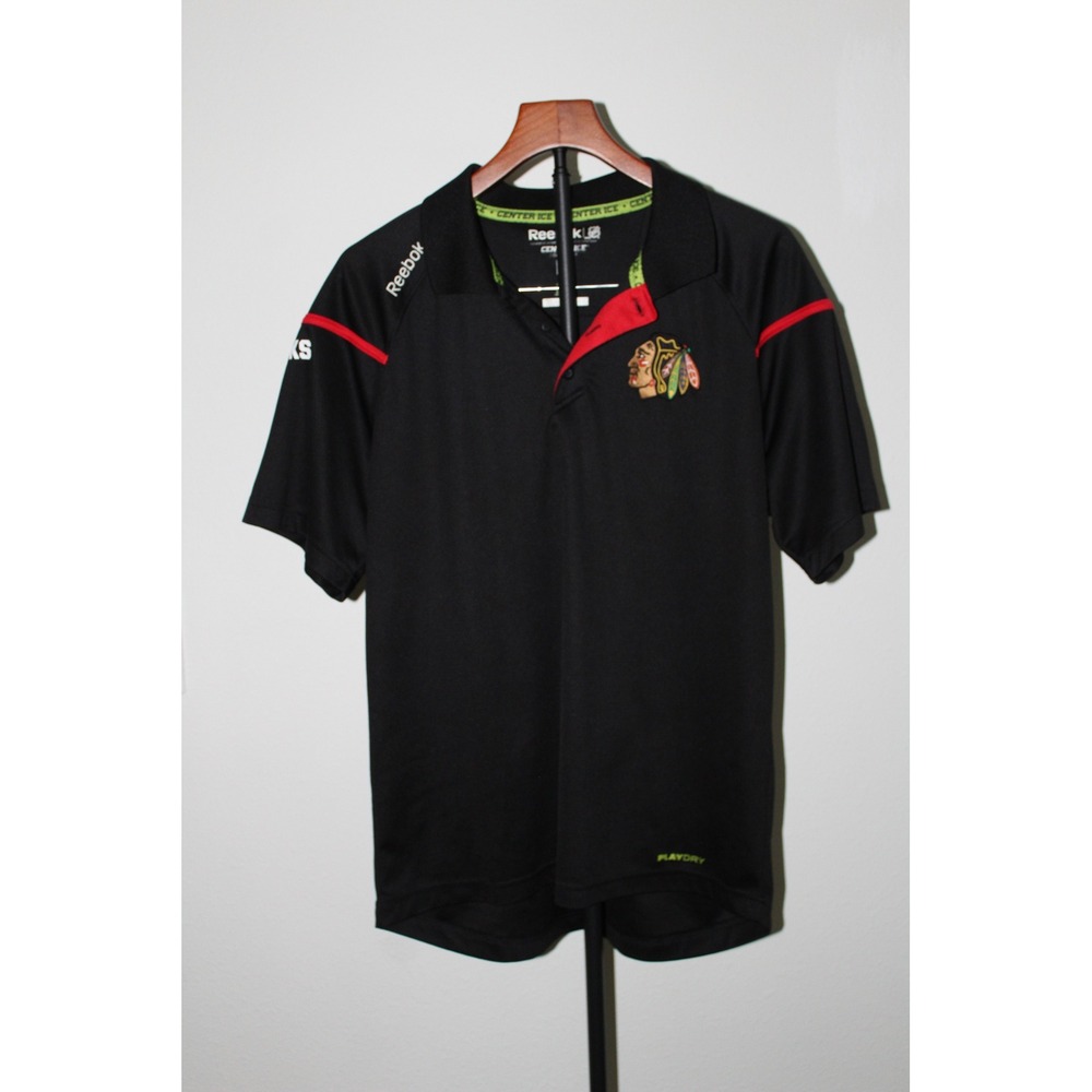Reebok Chicago Blackhawks NHL Center Ice PlayDry Polo Shirt Mens Medium Black